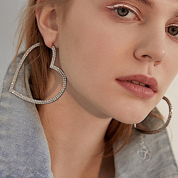 White Gold Plated Oversized Diamond Heart Hoop Earrings - Picture 5 of 14